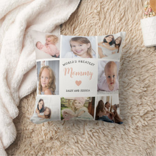 Modern Mom 8 Photo Collage Pink Heart Throw Pillow