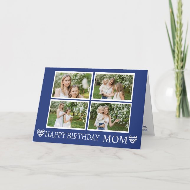 Modern Mom Birthday Navy Blue 4 Photos Collage Card (Front)