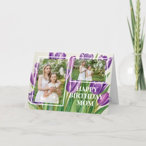 Modern Mom Birthday Photo Stylish Purple Tulip Card
