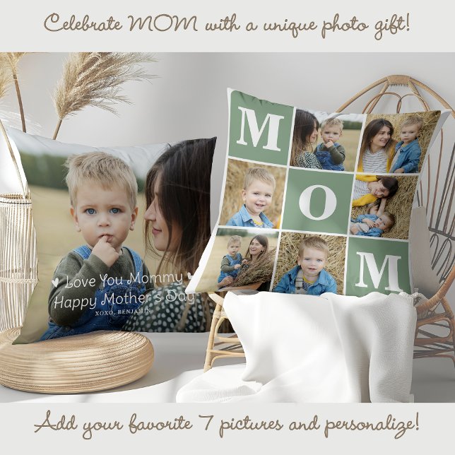 Modern MOM Custom Cute 7 Multi Photo Collage Throw Pillow (Creator Uploaded)