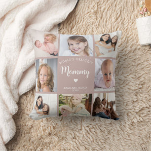 Modern Mom Custom Photo Collage Pink Heart Throw Pillow