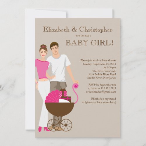 Modern Mom Dad Carriage Couple Baby Shower Invitation