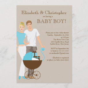 Modern Mom Dad Carriage Couple Baby Shower Invitation