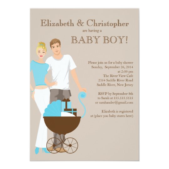 Modern Mom Dad Carriage Couple Baby Shower Invitation