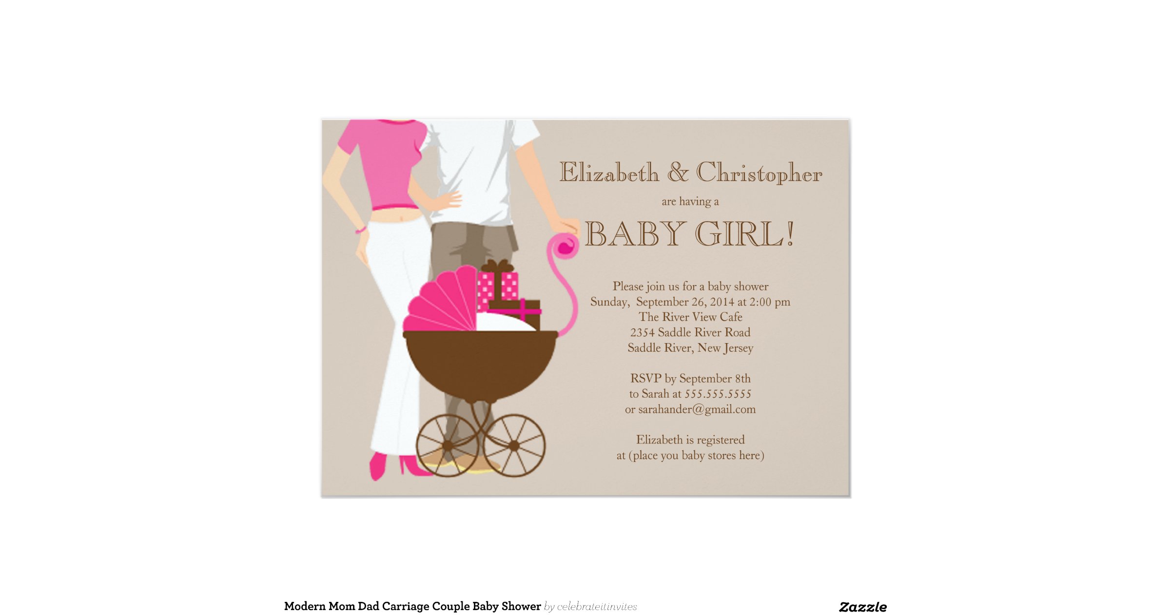 Modern Mom Dad Carriage Couple Baby Shower 5x7 Paper