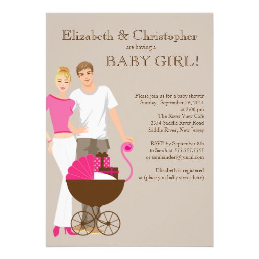 Modern Mom Dad Carriage Couple Baby Shower 5x7 Paper