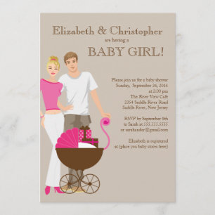 Modern Mom Dad Carriage Couple Baby Shower Invitation