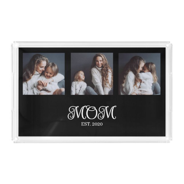 Modern Mom Established Script Black 3 Photo Acrylic Tray (Front)
