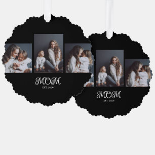 Modern Mom Established Script Black 3 Photo Ornament Card