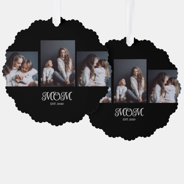 Modern Mom Established Script Black 3 Photo Ornament Card (Front/Back)