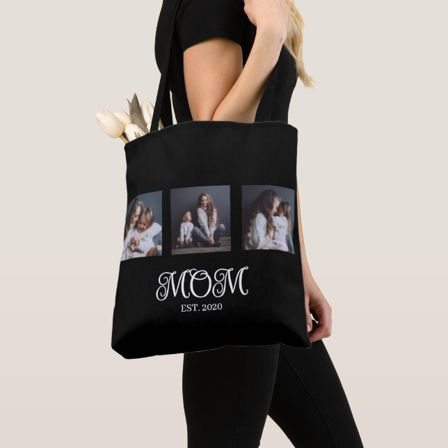 Modern Mom Established Script Black 3 Photo Tote Bag (Close Up)