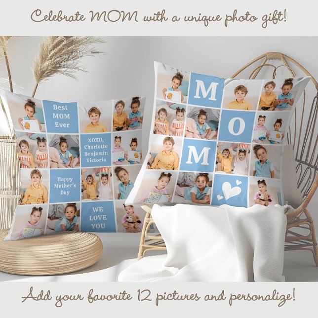 Modern MOM Personalized 12 Photo Collage Blue Throw Pillow (Creator Uploaded)