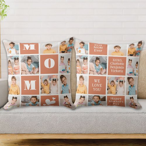 Modern MOM Personalized Block 12 Photo Collage Throw Pillow