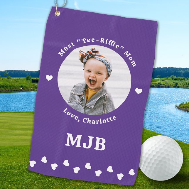 Modern MOM Personalized Photo Golfer Purple Golf Towel (Creator Uploaded)