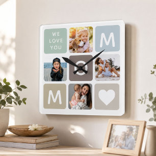 Modern MOM Photo Collage Mother's Day Cute Family Square Wall Clock