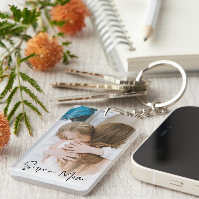 Modern Mom Photo & Super Mom Text | Gift For Mom Keychain (Front Right)