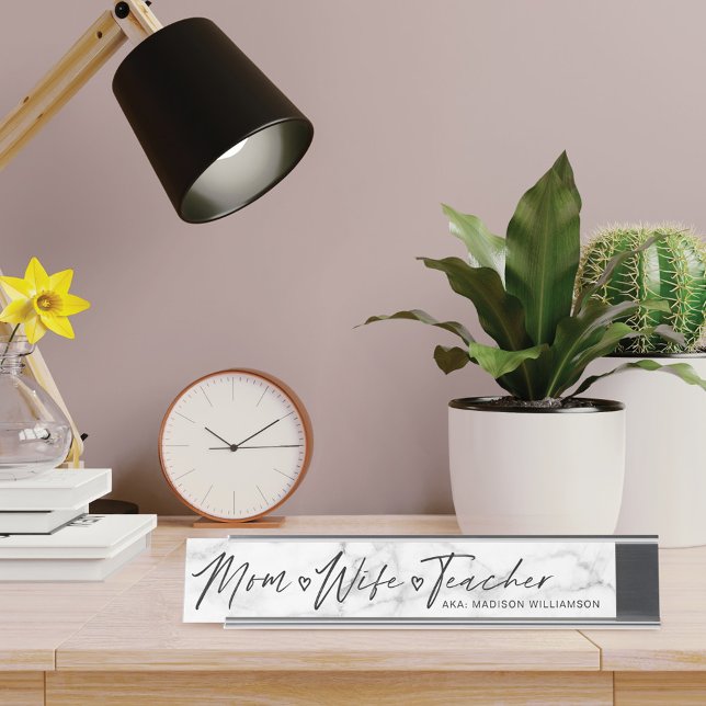 Modern Mom, Wife, Teacher White & Grey Marble Desk Name Plate (Creator Uploaded)