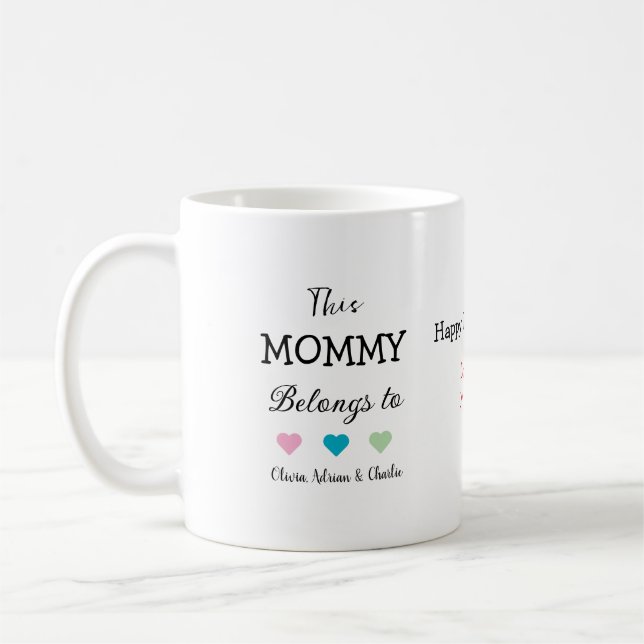 Modern Mommy Kid's Names Cute Hearts Custom Gift  Coffee Mug (Left)