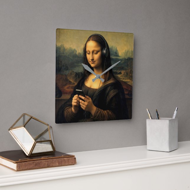 Modern Mona Lisa with Smartphone Square Wall Clock (Office)