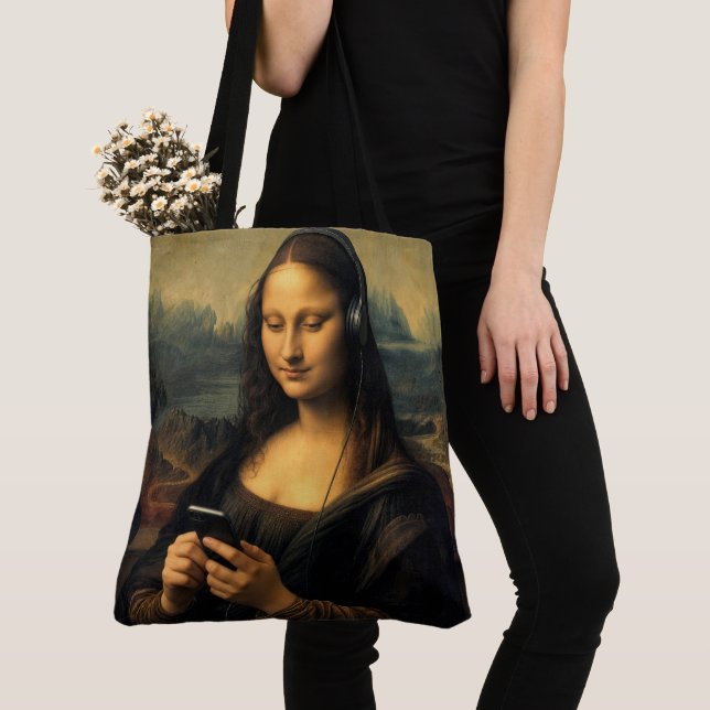 Modern Mona Lisa with Smartphone Tote Bag (Close Up)