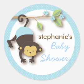 Modern Monkey Sweet Boy Baby Shower in Blue Classic Round Sticker