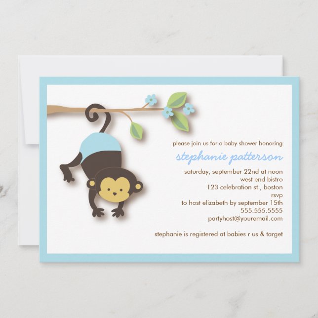 Modern Monkey Sweet Boy Baby Shower Invitation (Front)