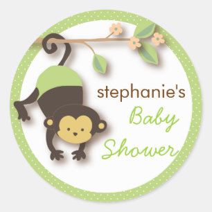 Modern Monkey Sweet Neutral Baby Shower Green Classic Round Sticker