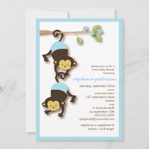 Modern Monkey Twin Boys Baby Shower Invitation