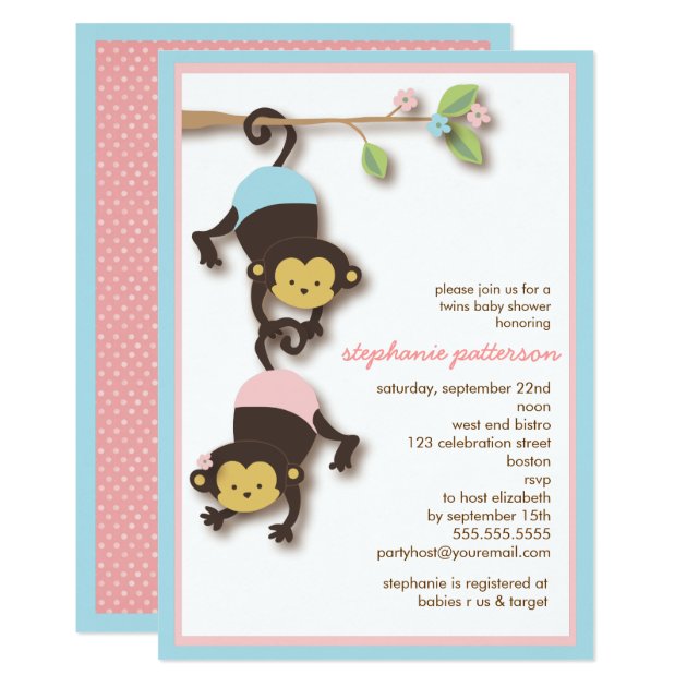 Modern Monkey Twin Girl & Boy Baby Shower Invitation