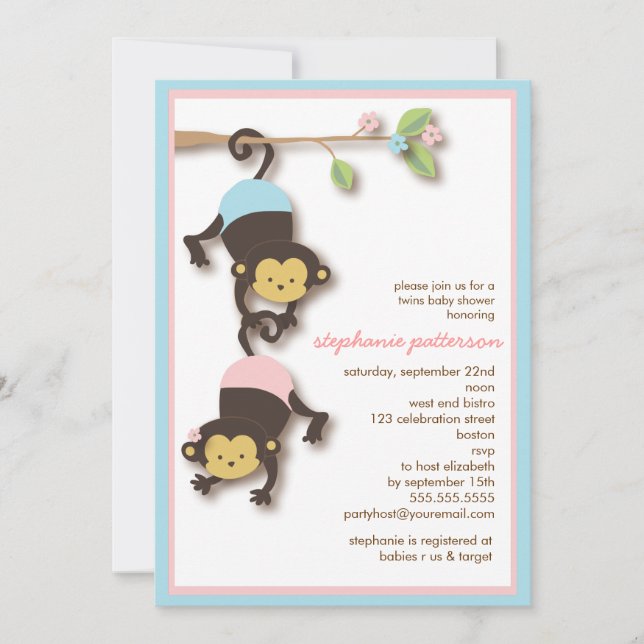Modern Monkey Twin Girl & Boy Baby Shower Invitation (Front)