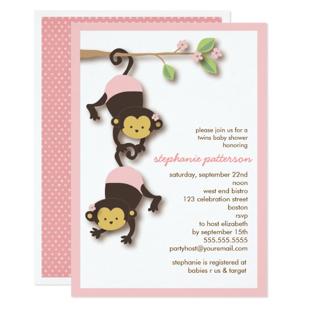 Modern Monkey Twin Girls Baby Shower Invitation