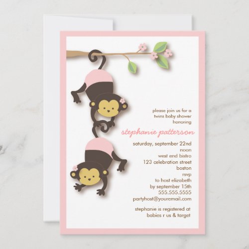 Modern Monkey Twin Girls Baby Shower Invitation