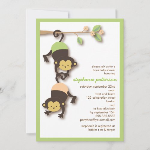 Modern Monkey Twins Neutral Baby Shower Invitation