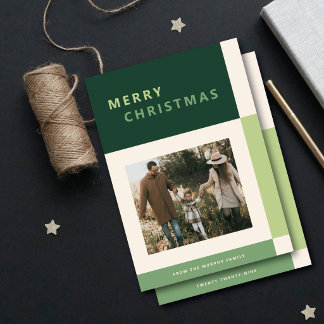 Modern Monochromatic Green Color Block Two Photo Holiday Card