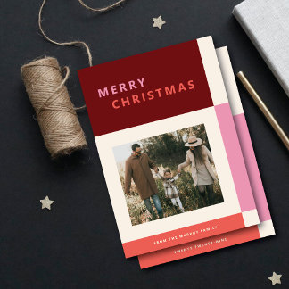 Modern Monochromatic Red Color Block Two Photo Holiday Card