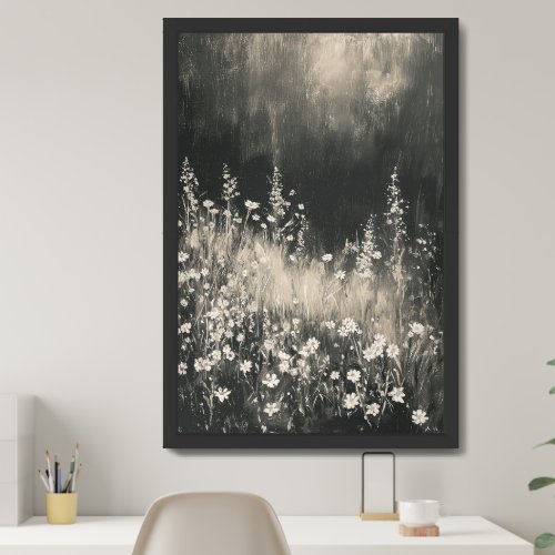 Modern monochrome black and white wildflowers framed art