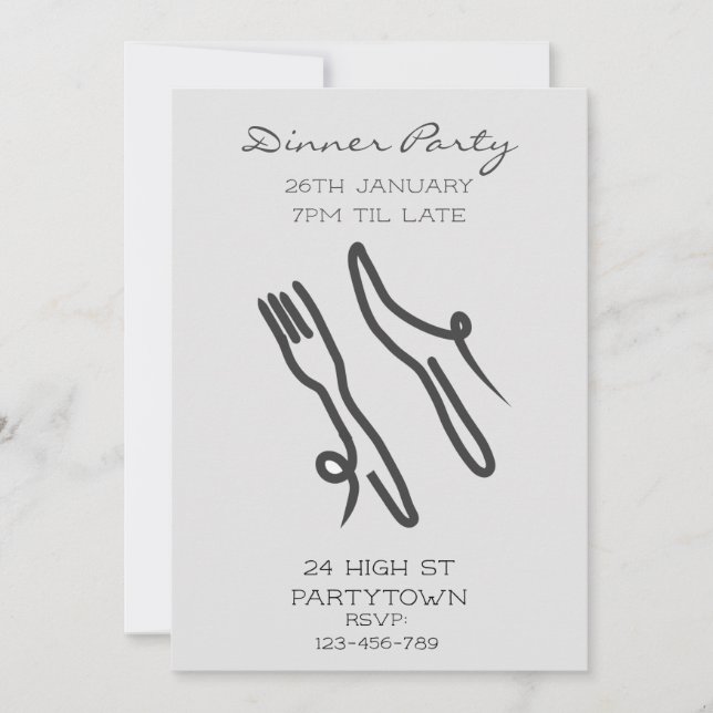 Modern monochrome cutlery dinner party theme invitation (Front)