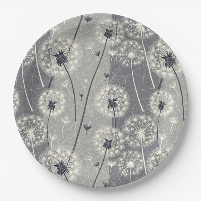 Modern Monochrome Dandelion Paper Plates (Front)