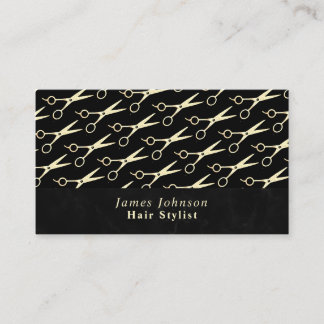 Modern Monochrome Mens Hair Stylist Gold Scissors Business Card