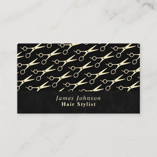 Modern Monochrome Mens Hair Stylist Gold Scissors Business Card