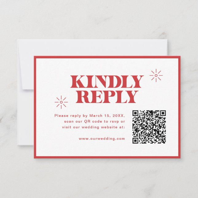 Modern Monochrome Red Wedding with QR Code RSVP Card (Front)