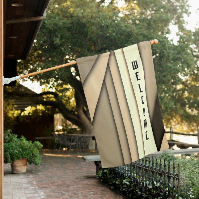 Modern Monochrome Tan Welcome House Flag (In SItu)