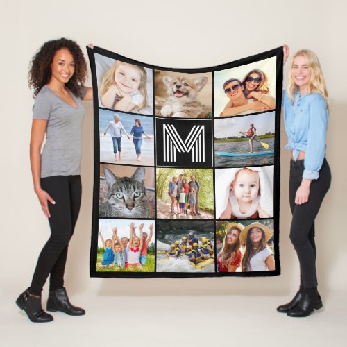 Modern Monogram 11 Photo Collage Custom Color Fleece Blanket