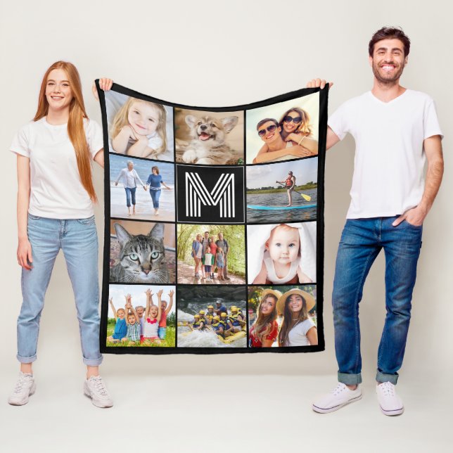 Modern Monogram 11 Photo Collage Custom Color Fleece Blanket (In Situ)