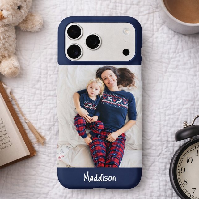Modern Monogram 1 Photo Navy Blue iPhone Case (Creator Uploaded)