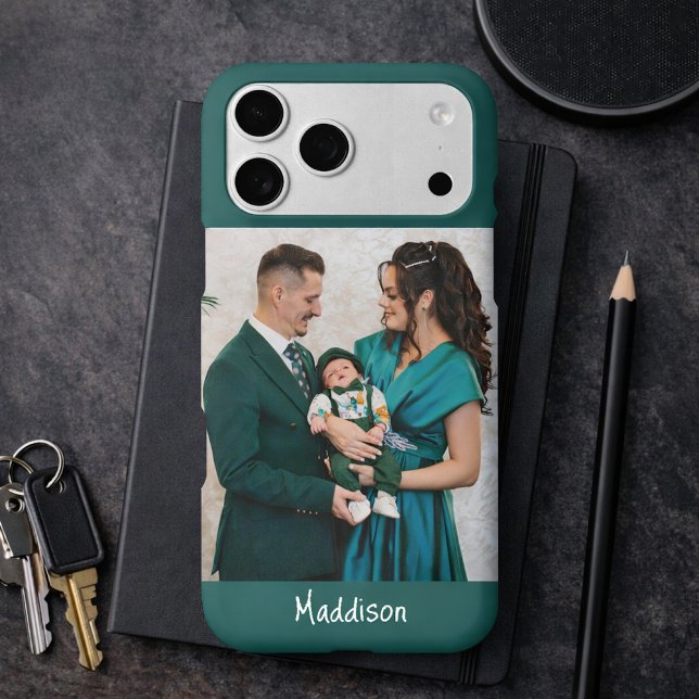 Modern Monogram 1 Photo Teal Green iPhone Case (Creator Uploaded)
