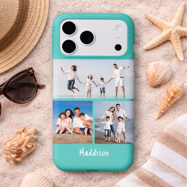 Modern Monogram 3 Photo Collage Aqua Teal iPhone Case (Creator Uploaded)