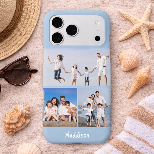 Modern Monogram 3 Photo Collage Baby Blue iPhone Case (Creator Uploaded)