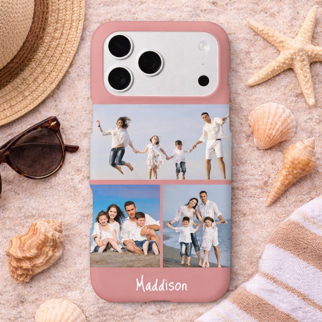 Modern Monogram 3 Photo Collage Dusty Rose iPhone Case (Creator Uploaded)