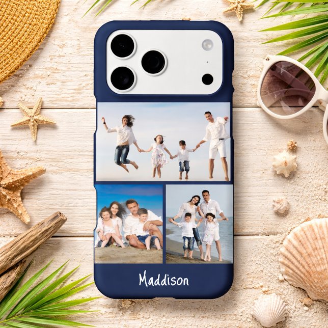 Modern Monogram 3 Photo Collage Navy Blue iPhone Case (Creator Uploaded)